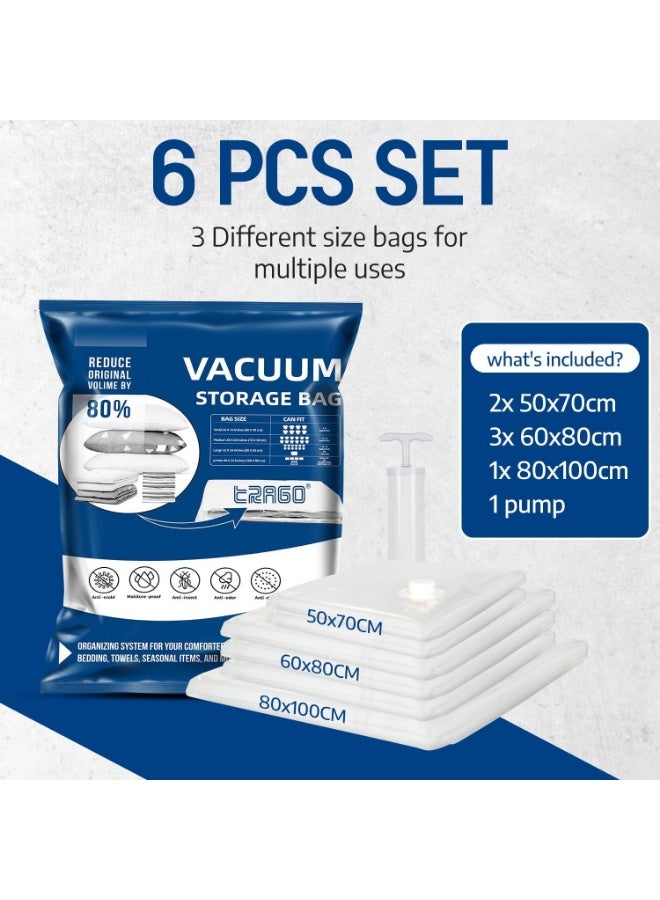 TRAGO PACK OF 6 |Vacuum Storage Bags |80 Microns | Air Removal Pouches with Pump  for Clothes, Blankets Packing Travel & Home (2 Small 50X70cm,3 Medium 60x80cm, 1 Large 80x100cm) - Image 3